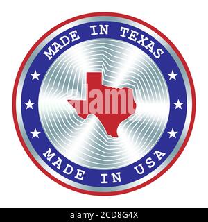 Hergestellt in Texas lokale Produktion Schild, Aufkleber, Siegel, Stempel. Rundes Hologramm-Schild für Etikettendesign und nationale Vermarktung Stock Vektor