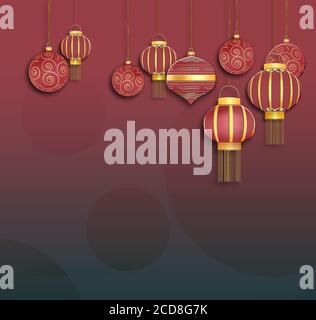Weihnachten 2021 Neujahr Hintergrund mit hängenden roten Kugeln und Laternen mit Gold Ornament auf rotem Hintergrund. Für Text platzieren. 3D-Illustration Stockfoto
