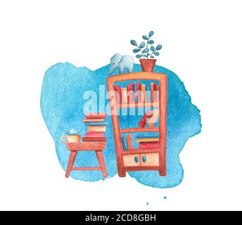 Buch Schrank und Tisch Aquarell Illustration auf weißem Hintergrund. Wohnzimmer oder Bibliothek innen. Gemütliches Zuhause Detail. Bücherregal mit Blumentopf und e Stockfoto