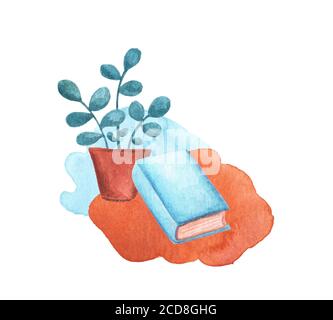Buch Aquarell Illustration auf weißem Hintergrund. Lesen als Freizeitwochenende Aktivitätskonzept. Geschlossenes Buch mit leerem Einband und Blumentopf auf Wassercolo Stockfoto