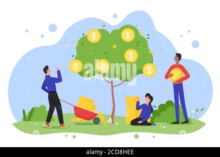 Geldbaum Pflanze Wachstum flache Vektor-Illustration. Cartoon glücklich Unternehmer Menschen Pflanzen Geld Baum mit Bargeld Goldmünzen im Garten, wachsende Einkommen, erhöhen Umsatz Konzept isoliert auf weiß Stock Vektor