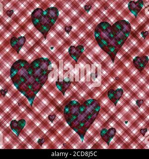 Vintage Hintergrund mit Aquarell Farben Herzen auf rot karierten Streifen nahtlose Muster. Aquarell handbemalt gestreift alte Grunge Textur. Drucken für Stockfoto