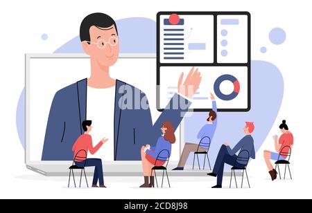 Personen in Online-Konferenz Vektor-Illustration. Cartoon flache Business Telekonferenz Prozess mit Lautsprecher Geschäftsmann Charakter und Publikum. Videokommunikation, Geschäftstreffen isoliert auf Weiß Stock Vektor