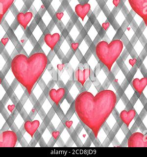Vintage Hintergrund mit Aquarell roten Herzen auf grau karierten Streifen nahtlose Muster. Aquarell handbemalt gestreift alte Grunge Textur. Drucken für t Stockfoto