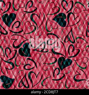 Vintage Hintergrund mit Aquarell Herzen auf rot karierten Streifen nahtlose Muster. Aquarell handbemalt gestreift alte Grunge Textur. Print für textil Stockfoto