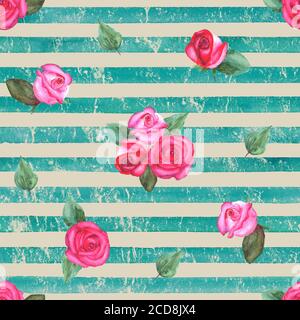 Vintage Hintergrund mit Aquarell rosa rote Rosen auf blaugrün Streifen nahtlose Muster. Aquarell handbemalt gestreift alte Grunge Textur. Pri Stockfoto