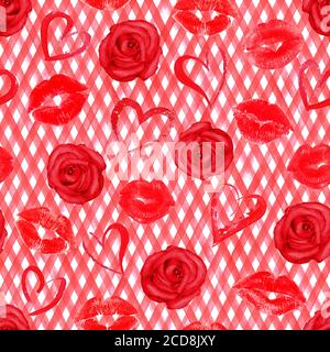 Vintage Hintergrund mit Aquarell roten Herzen, Lippen, Rosen auf schwarzen karierten Streifen nahtlose Muster. Aquarell handbemalt gestreifte alte Grunge-Textur Stockfoto