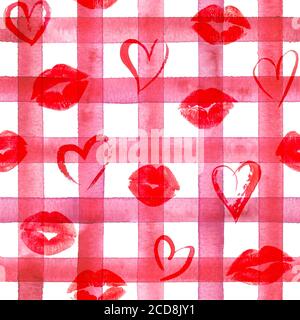 Vintage Hintergrund mit Aquarell roten Herzen und Lippen auf schwarzen karierten Streifen nahtlose Muster. Aquarell handbemalt gestreift alte Grunge Textur. P Stockfoto
