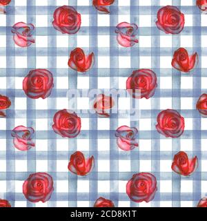 Hintergrund mit Aquarell rosa rote Rosen auf gingham blau und weiß Streifen kariert nahtlose Muster. Aquarell handbemalt gestreifte Textur. Drucken Stockfoto