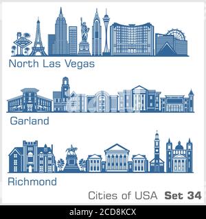 Städte der USA - North Las Vegas, Garland, Richmond. Detaillierte Architektur. Trendige Vektorgrafik. Stock Vektor