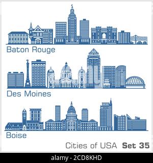 Städte der USA - Baton Rouge, des Moines, Boise. Detaillierte Architektur. Trendige Vektorgrafik. Stock Vektor