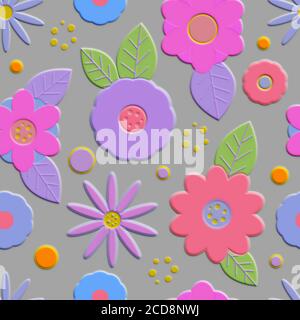 Nahtloses Muster mit dekorativen volumetrischen konvexen Blüten. Es sieht aus wie eine Pappapplikation. Die elegante Vorlage für Modedrucke Stockfoto