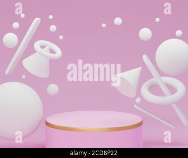 Bühne Podium Szene mit weißen geometrischen Formen auf rosa Hintergrund. Leerer Produktständer, Modell. 3d-Illustration Stockfoto