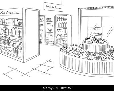 Lebensmittelgeschäft Grafik Shop Interieur schwarz weiß Skizze Illustration Vektor Stock Vektor