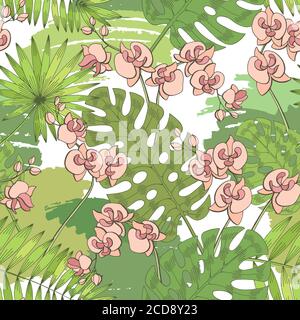 Orchidee Blume monstera Palmblatt Grafik grün rosa Farbe nahtlos Vektor für die Illustration der Hintergrundskizze Stock Vektor