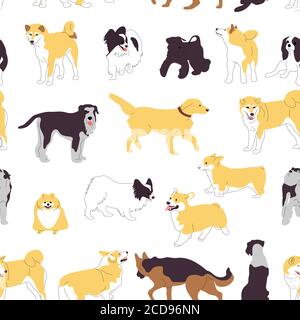 Wiederholen Sie nahtlose Muster mit flachen Stil verschiedenen niedlichen Hunde auf weißem Hintergrund. Stock-Vektor Stock Vektor