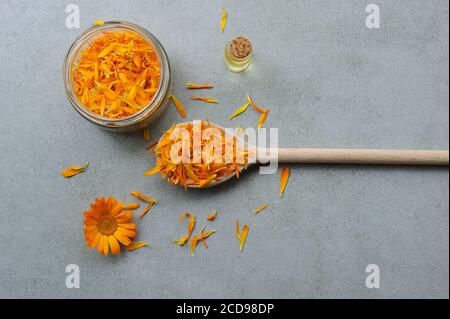 Calendula officinalis Blumen und Blütenblätter.Vorbereitung für die Herstellung von Kräuteröl oder für andere Zwecke. Heilkraut. Blumenhintergrund. Flach liegend, Horizont Stockfoto