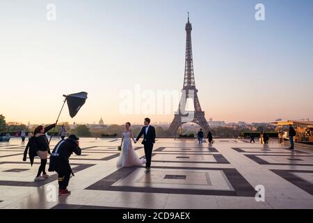Frankreich, Paris, UNESCO-Weltkulturerbe, Place du Trocadero und Eiffelturm Stockfoto
