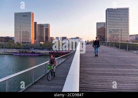 Frankreich, Paris, die Ufer der seine Bibliotheque Nationale de France (Nationalbibliothek von Frankreich) von Architekt Dominique Perrault von der Simone de Beauvoir Fußgängerbrücke von Architekt Dietmar Feichtinger aus gesehen Stockfoto