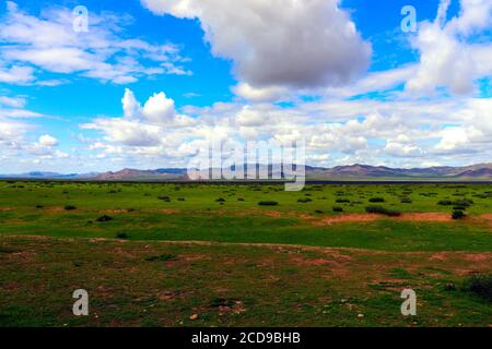 Mongolei Steppenlandschaft von unendlichen Grasland unter schönen Wolke in Blue Sly Stockfoto