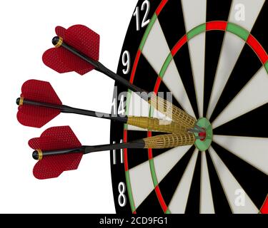 Das Spiel der Darts. Schlag das Auge des Stiers. Das Spiel der Darts. Darts in der Mitte des Ziels. Isoliert. 3D-Illustration Stockfoto