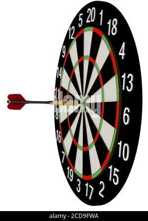 Das Spiel der Darts. Schlag das Auge des Stiers. Das Spiel der Darts. Dart in der Mitte des Ziels. Isoliert. Das Konzept, das Ziel zu erreichen Stockfoto