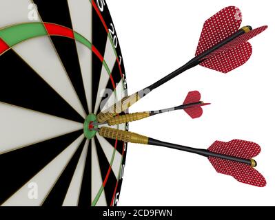 Das Spiel der Darts. Schlag das Auge des Stiers. Das Spiel der Darts. Darts in der Mitte des Ziels. Isoliert. 3D-Illustration Stockfoto