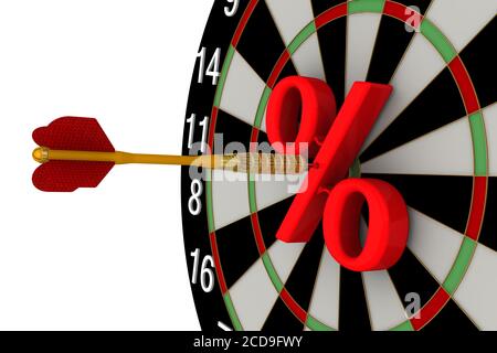 Das Ziel - Nutzinteresse. Ziel erreicht! Dart und rote Prozent-Symbol in der Mitte des Brettes für Darts. Isoliert. Finanzkonzept Stockfoto