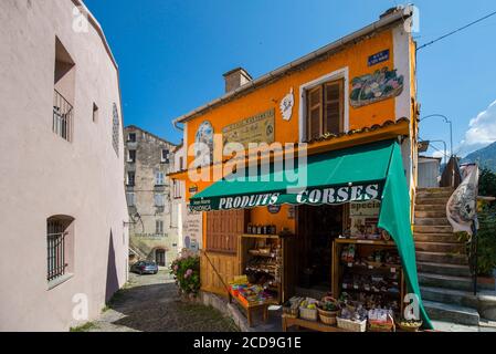 Frankreich, Haute Corse, Corte, Ghionga Essen, das älteste Lebensmittelgeschäft der Stadt bietet korsische Spezialitäten rue du vieux Marche Stockfoto