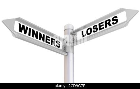 Gewinner und Verlierer. Die Wegmarkierung. Straßenschild mit schwarzen Worten GEWINNER und VERLIERER. Isoliert. 3D-Illustration Stockfoto