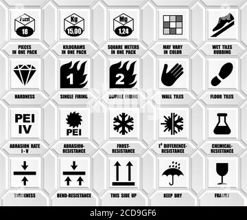 Vollständige Reihe von Keramikfliesen Verpackung Symbole mit Beschreibung. Paket schwarzen quadratischen Boden Symbole isoliert auf weißer Wand. Internationale Norm ISO Pict Stock Vektor