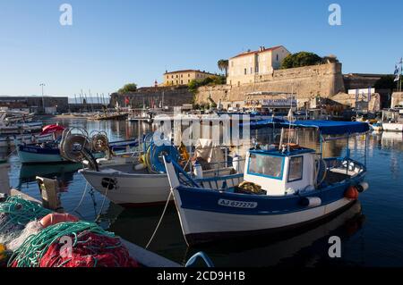 Frankreich, Corse du Sud, Ajaccio, viele hölzerne Fischerboote beleben den Hafen Tino Rossi vor den Fassaden der Altstadt am Morgen Stockfoto