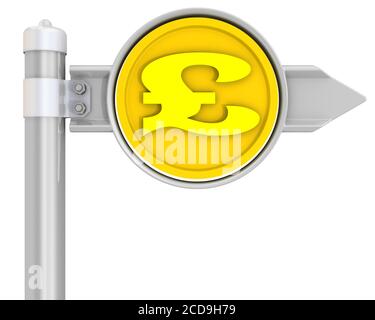 Straßenschild mit britischer Pfund Sterling Münze. Straßenschild mit Goldmünze mit Symbol des britischen Pfund Sterling. Isoliert. 3D-Illustration Stockfoto