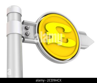 Straßenschild mit britischer Pfund Sterling Münze. Straßenschild mit Goldmünze mit Symbol des britischen Pfund Sterling. Isoliert. 3D-Illustration Stockfoto