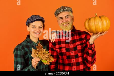 Erntefest. Bauernmarkt. Herbststimmung. Paar in Liebe kariert rustikalen Outfit. Retro-Style. Herbstsaison. Herbstlaub. Konzept der Bauernfamilie. Herbsternte funktioniert. Arbeiten in Feldern. Stockfoto