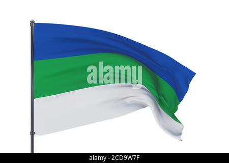 Flagge von Komi. 3D-Illustration isoliert auf weißem Hintergrund. Flaggen der föderalen Subjekte Russlands. Stockfoto