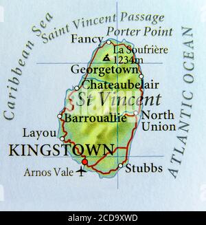 Geographische Karte von St. Vincent Land mit wichtigen Städten Stockfoto