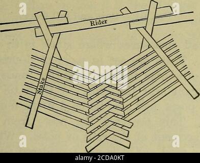 . Handbuch für Ranger & Holzfäller . Kreuzspieße an einem Schloss. Seitenpfähle an einem Schloss. Platteneinsätze.Abb. 90. 110 HANDBUCH FÜR RANGERS UND HOLZFÄLLER Schlösser ist oben auf der Abbildung gezeigt. Sein Hauptnachteiles liegt in der Tatsache, dass die Pfahlschienen entlang jeder Seite des Zauns einen beträchtlichen Boden einnehmen. Die Methode ist jedoch die am häufigsten verwendete Methode. Die zweite Methode, bei der die Kreuze der Pfahlschienen im rechten Winkel zur Zaunlinie stehen, wird ebenfalls weit verbreitet. Eine Variante dieser Methode erfordert, dass der Fuß eines der beiden Pfopfenpfade an der nächsten Schleuse dicht gegen die Gioundschiene anhält. A Stockfoto
