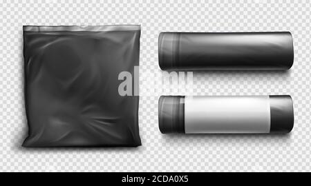 Schwarze Plastiktüte für Müll, Müll und Müll. Vector realistische Mockup von Polyethylen-Müllbeutel mit Schnur. Rolle von Säcken für Abfall isoliert auf transparentem Hintergrund Stock Vektor