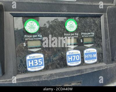 Pumpe mit Logos ist sichtbar an True Zero Wasserstoff Brennstoffzellen-Tankstelle in Marin County, Mill Valley, Kalifornien mit Preisen von Wasserstoff um das Kilogramm notiert, 16. August 2020. () Stockfoto