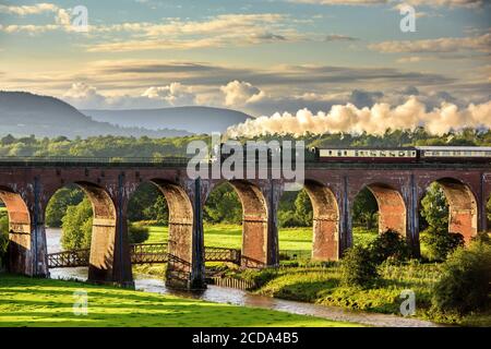 27. August 2020 Dampflokomotive 46100 Royal Scot Volldampf Am späten Abend Sommersonne über den Walley Arches Viadukt im Ribble Valley Stockfoto