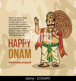 Kerala Onam Festival Mahabali auch kown Maveli im alten Hintergrund Mit Happy Onam Stock Vektor