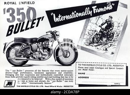 Vintage-Werbung für das britische Royal Enfield 350cc Bullet Motorrad. Stockfoto