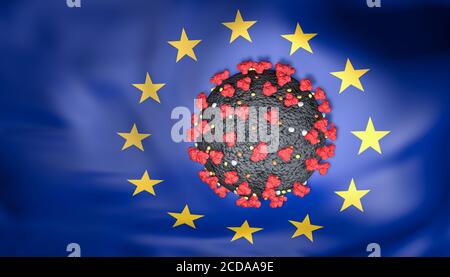 3D-Coronavirus gegen eine Flagge der Europäischen Union. Stockfoto