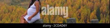 Banner der schwangeren jungen Frau mit schönen Herbstfarben in Der Hintergrund Stockfoto