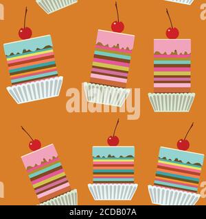 Nahtloses Muster mit leckeren cremigen Kuchen mit Kirschen. Stock Vektor