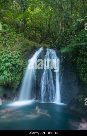 Gespenstischen Figuren von Touristen schwimmen unter der Cascade aux Ecrevisses Wasserfall in der Guadeloupe Nationalpark auf der Insel Basse-Terre, Guadeloupe. Stockfoto