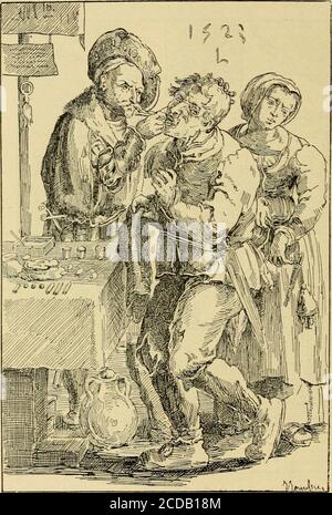 . Curiosités médico-artistiques . Larracheur de Dents. (Estampe du xvi« siècle moins un très féal sujet du roi de France. Lorsque Marie Leczinskadonna, le 4 septembre 1729, on dauphin à la monarchie, le grandThomas, en signe dallégresse, arracha les Dents gratis Pendant deuxsemaines entières, et le quinzième jour, 19 septembre, il tint tableouverte sur le Pont-Neuf et offrit comme réjouissance, un joli MEDICO ARTIQUES 24-CURIOSITES (Lartifice pour célébrer lheureux événement national [Bibl. Nat. Lb.38,335, affiche). Disparu, ce type original des triacleurs-jiirés de luniversité de lapla Stockfoto