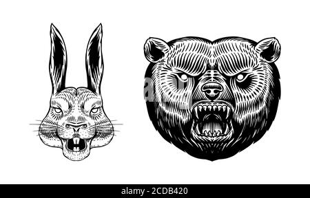 Grizzly Braunbär und Hase oder Kaninchen. Screaming verrückt Tier für Tattoo oder Label. Brüllende Bestie. Graviert Hand gezeichnet Linie Kunst Vintage alt monochrom Stock Vektor