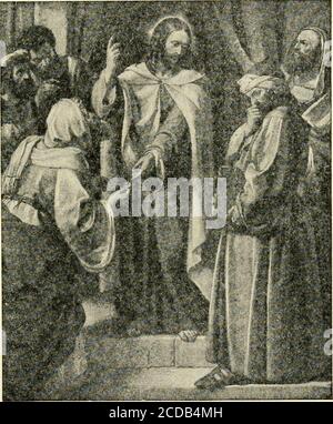 . Hurlbut's Leben Christi für Jung und Alt.Er schwieg, denn er hatte nichts zu sagen.Da sprach der König zu seinen Knechten: Bindet diesen Mann Hand und Fuß und Werft ihn hinaus in die Finsternis. Dort werden die Menschen heulen und ihre Zähne knirschen. Denn ich sage euch: Viele sind eingeladen, aber wenige sind auserwählt. 378 Klit ^eab on tfje Kapitel 77 DIE FEINDE Jesu dachten, sie könnten ihn vielleicht dazu bringen, einige Worte gegen die römischen Herrscher über das Land zu sagen. Wenn er dies tun würde, dann könnten sie sich bei der römischen governorand verursachen Jesusto werden beschlagnahmt und ins Gefängnis, oder eventhintet, als Feind der römischen sta Stockfoto